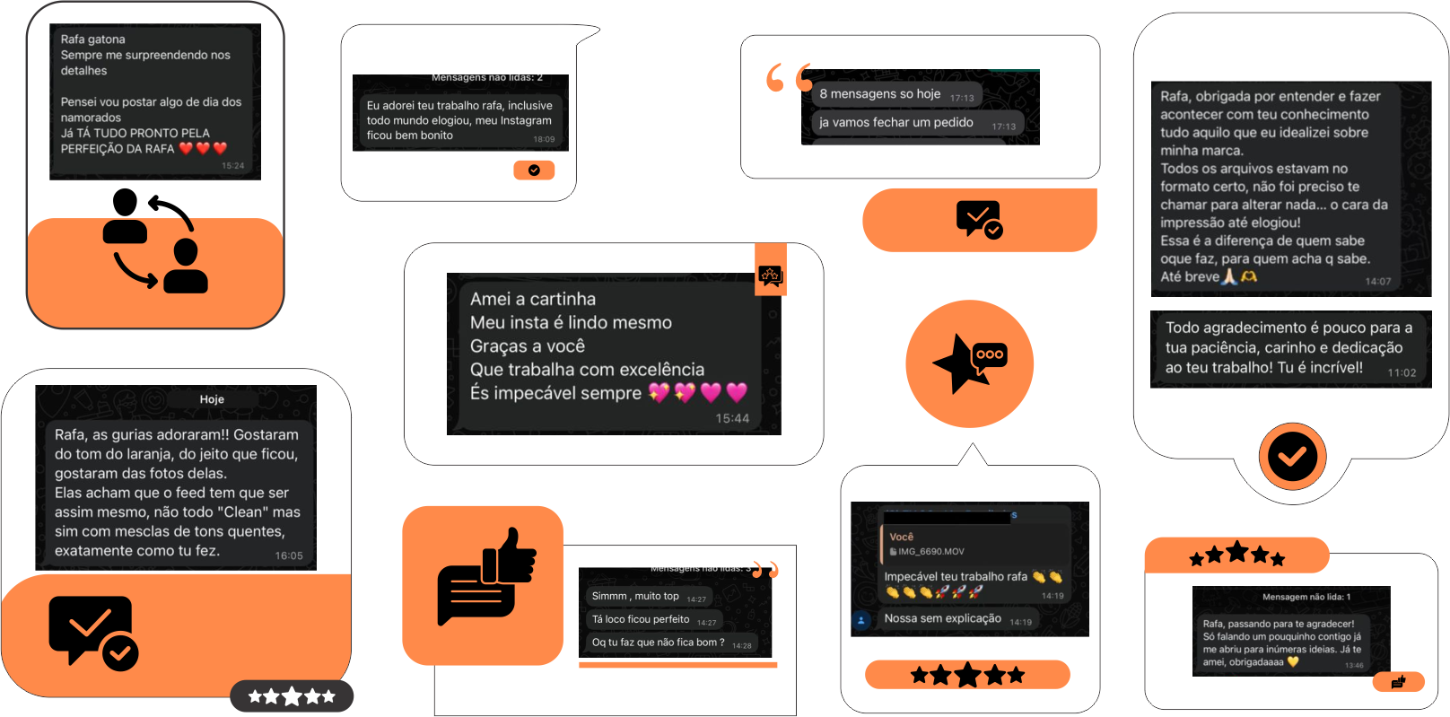 Depoimentos de clientes Partum Studio no WhatsApp